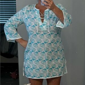 Mud Pie Aqua and White Seashell Beach Swim Cover Up Size large